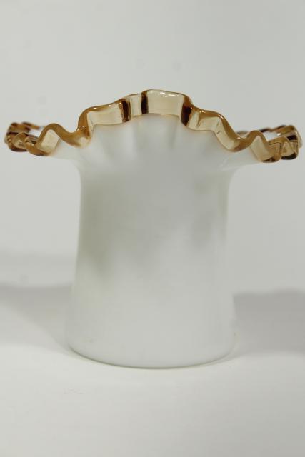1940s vintage top hat vase, Gold Crest Fenton milk glass w/ amber trim