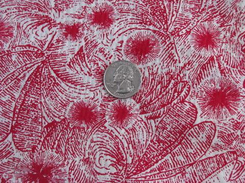 1940s vintage tropical palms print cotton fabric, red on white