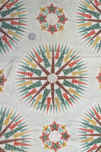 1940s vintage whole cloth quilt, star patchwork print cotton bedspread in southwest colors