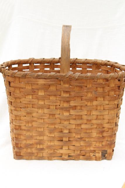 1940s vintage wood splint market basket, rustic primitive handmade basket
