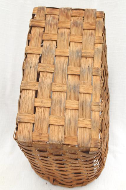 1940s vintage wood splint market basket, rustic primitive handmade basket