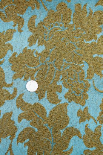 1950s - 60s vintage brocade upholstery fabric, aqua blue w/ moss green