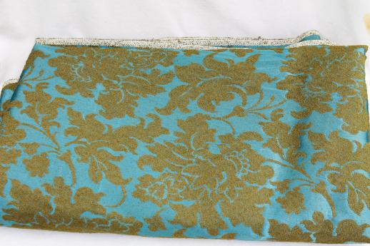 1950s - 60s vintage brocade upholstery fabric, aqua blue w/ moss green
