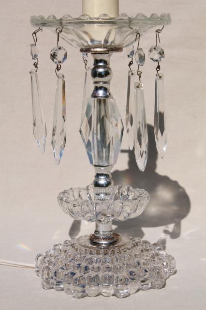 1950s 60s vintage glass boudoir lamps w/ crystal prisms, vanity table or dresser lamp set