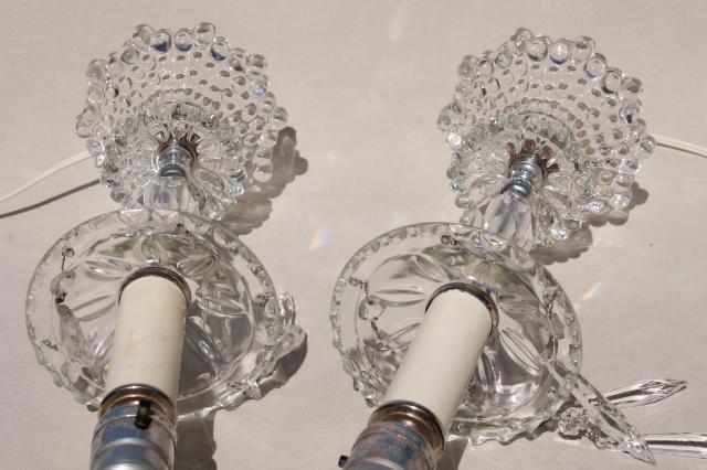 1950s 60s vintage glass boudoir lamps w/ crystal prisms, vanity table or dresser lamp set