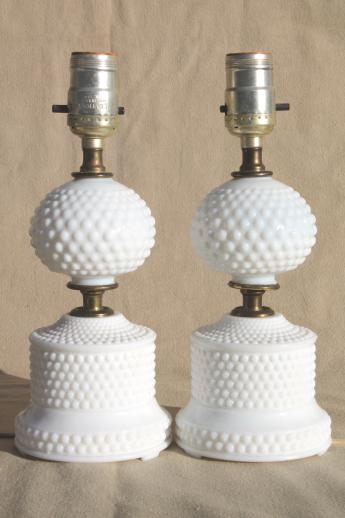 1950s 60s vintage milk glass lamps, pair of hobnail glass boudoir lamps