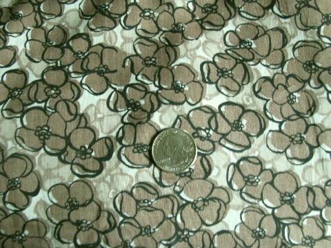 1950s - 60s vintage sheer fine cotton fabric, floral in brown / black / white