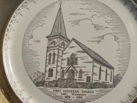 1950s china plate, Lodi Wisconsin, First Lutheran Church 75 years