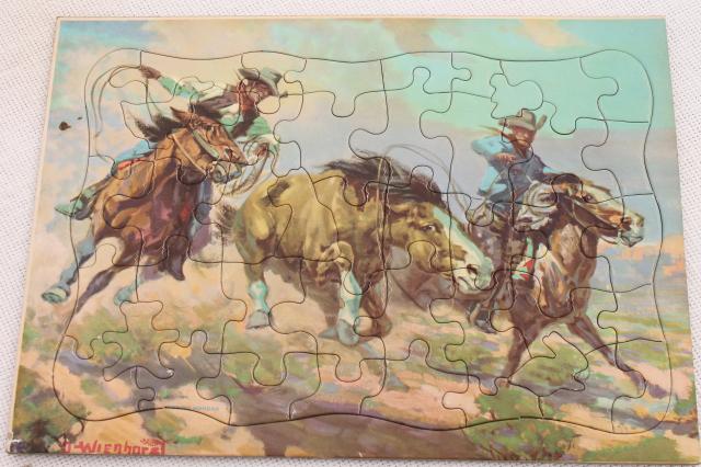 1950s cowboy photo / art jigsaw puzzles, complete vintage children's tray puzzles 