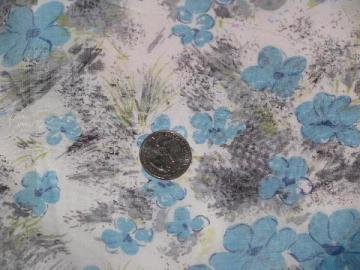 1950s sheer cotton organdie fabric, ladies dress material print, flowers in blue