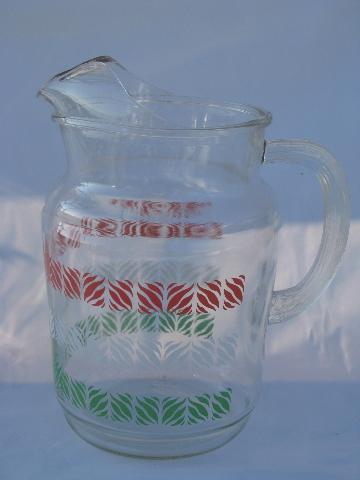 1950s swanky swigs vintage kitchen glass pitcher, red / green / white