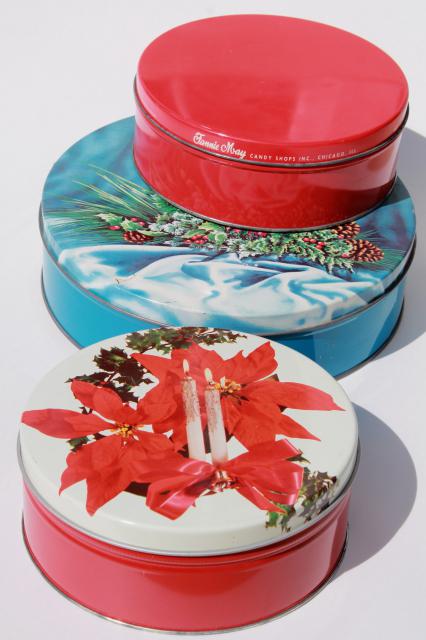 1950s vintage Christmas tins for candy & cookies w/ retro holiday designs