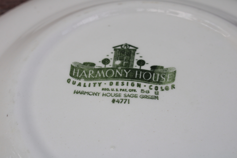 1950s vintage Harmony House Sage Green plaid pattern plates, Royal china green transferware