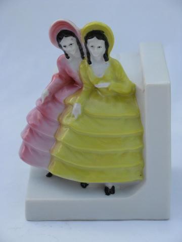 1950's vintage Japan china bookends, belles and beaus in pink and yellow