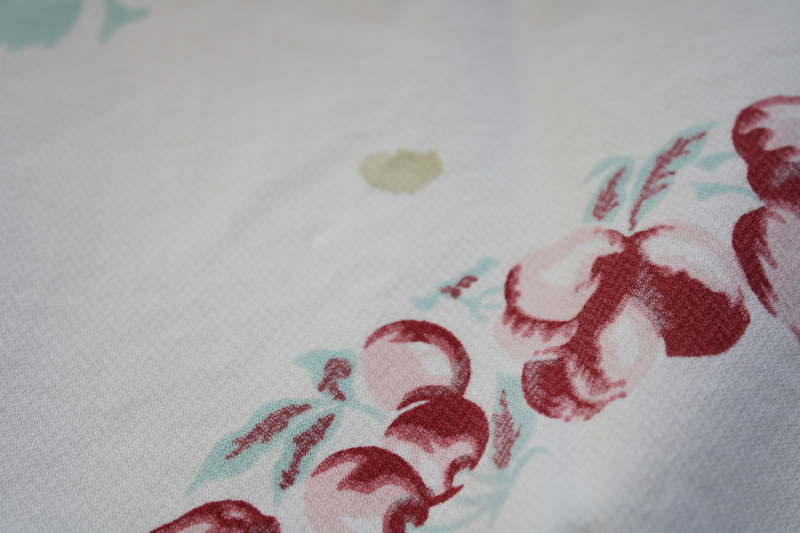 1950s vintage Simtex print cotton tablecloth, aqua green w/ red  pink fruit  flowers