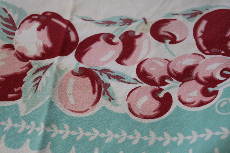 1950s vintage Simtex print cotton tablecloth, aqua green w/ red  pink fruit  flowers