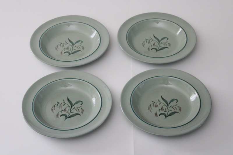 1950s vintage Wedgwood china rare green Broomgrass pattern soup bowls set of 4