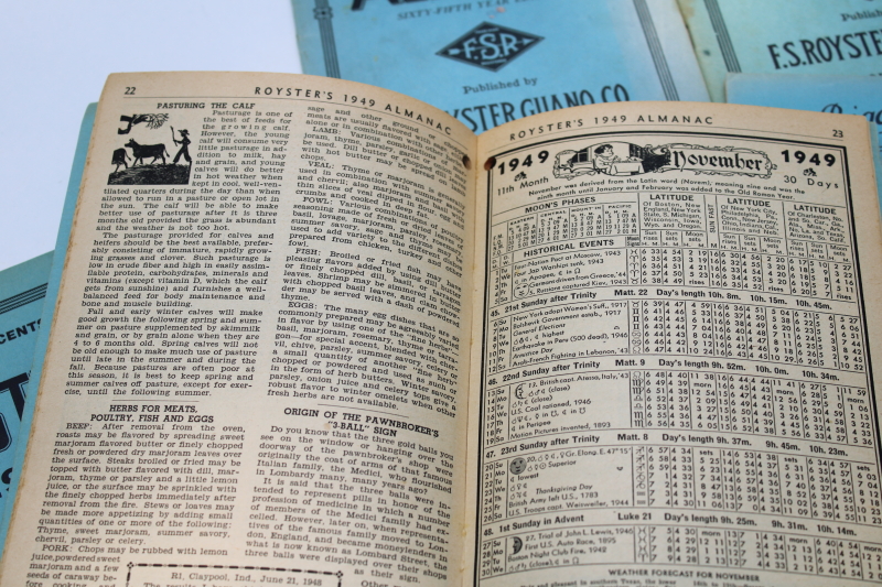 1950s vintage almanacs, old blue books farm advertising Royster Guano fertilizer Norfolk Virginia