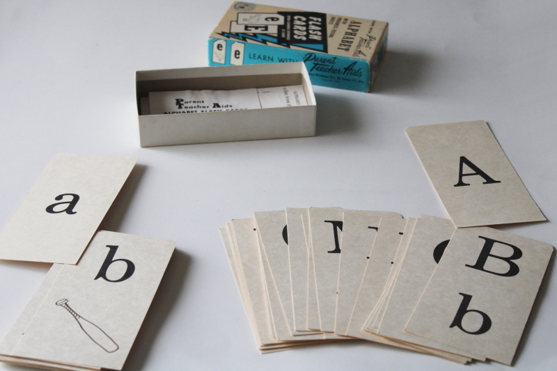 1950s vintage alphabet letter flash cards, early reading spelling card set w/ pictures