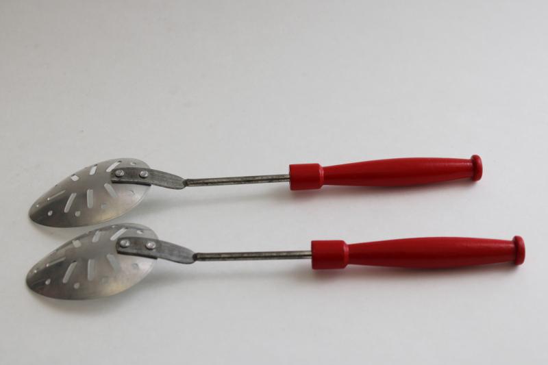 1950s vintage aluminum spoons w/ red painted wooden handles, working toy kitchen utensils