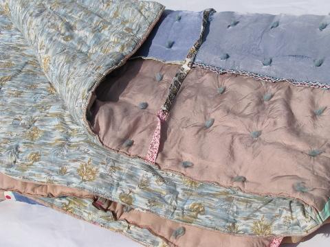 1950s vintage bedspread comforter tied quilt, taffeta blocks in pinks & blues