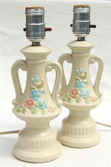 1950s vintage boudoir lamps, ceramic vanity table lamp pair, pottery w/ retro flowers