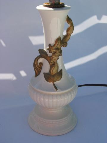 1950s vintage boudoir vanity lamps, ivory pottery w/ gold