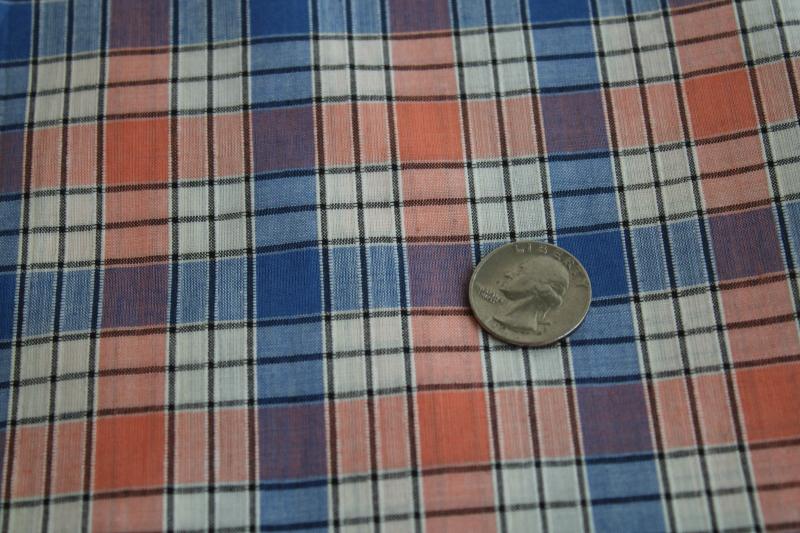 1950s vintage cotton fabric, coral pink & blue woven plaid shirting material