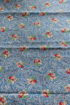 1950s vintage cotton fabric, print blue paisley w/ bouquets of flowers