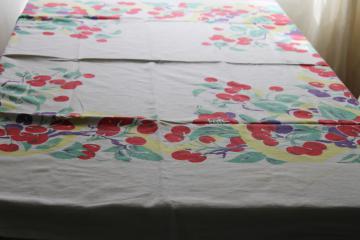 1950s vintage cotton kitchen tablecloth, cherries  fruit print in red teal yellow plum blue