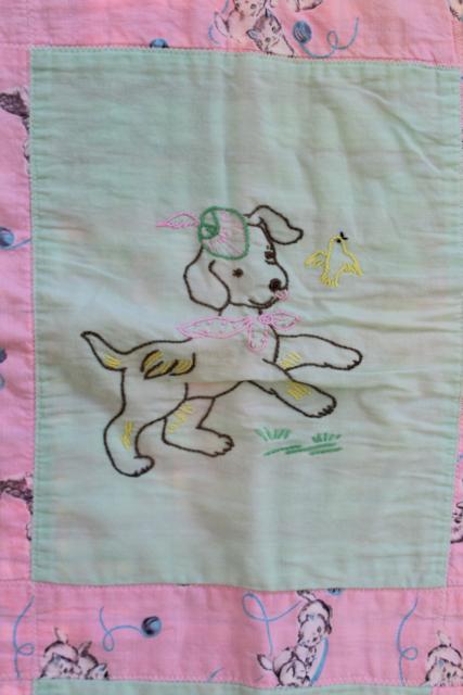 1950s vintage crib quilt, hand stitched embroidery baby animals pink & green blocks