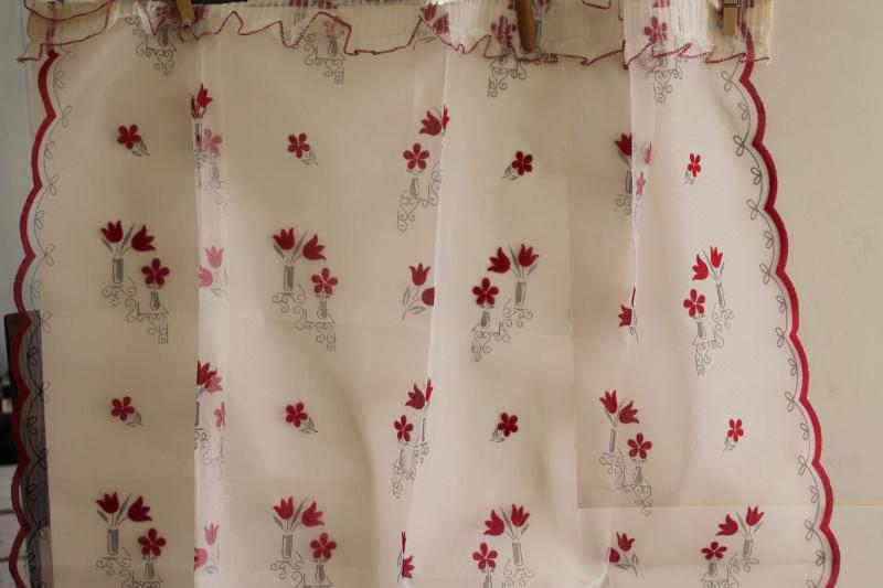 1950s vintage curtain panels & valance, unused white sheer curtains w/ red flocking flowers