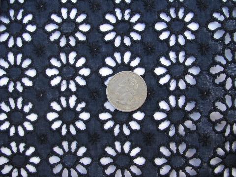 1950s vintage daisy lace eyelet cotton fabric, broderie anglaise in navy blue