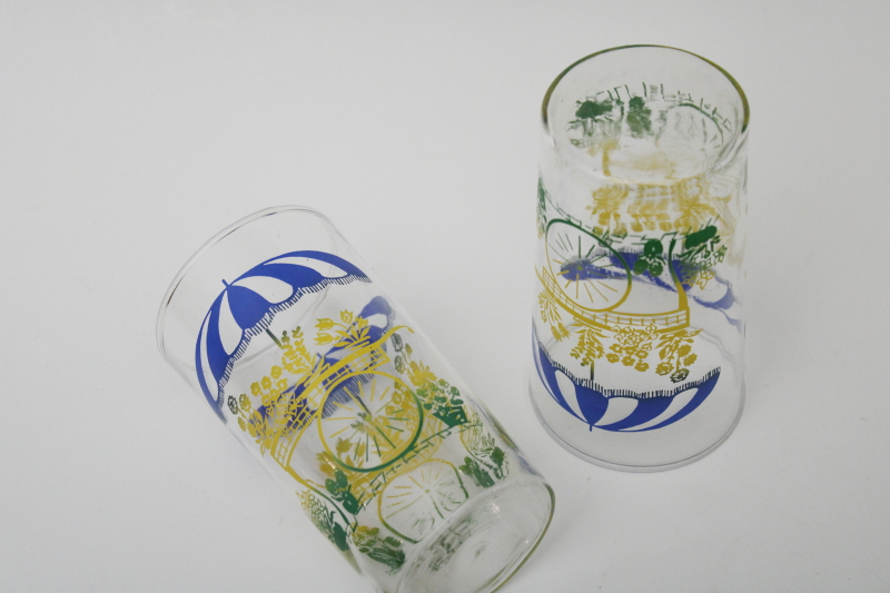 1950s vintage drinking glasses, flower cart print glass tumblers colorful retro glassware