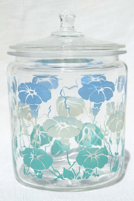 1950s vintage glass canister jars w/ heavenly blue morning glories, morning glory flowers
