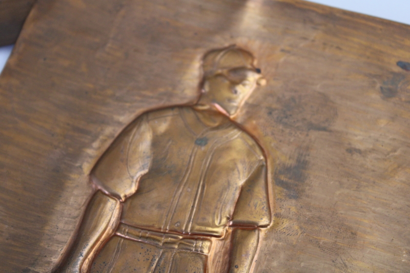 1950s vintage hand tooled copper metal art pictures, sport players baseball football basketball