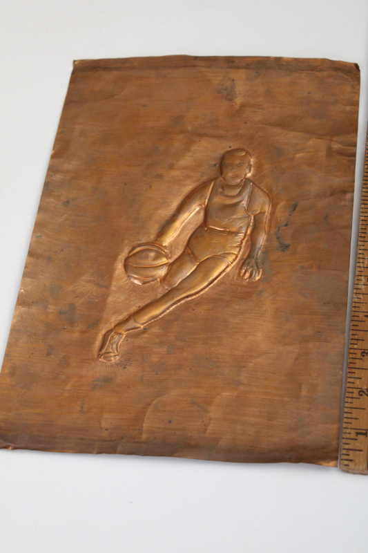1950s vintage hand tooled copper metal art pictures, sport players baseball football basketball