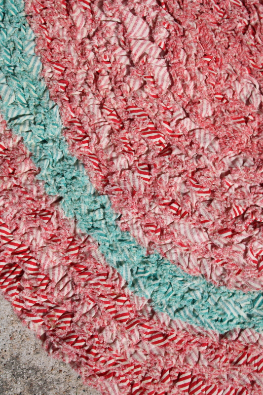 1950s vintage handmade rag rug, peppermint stripe red green white cotton shaggy soft pile