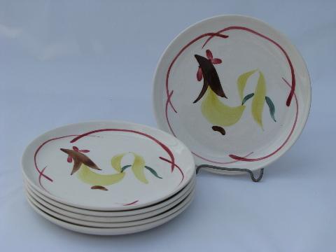 1950s vintage hand-painted rooster pottery plates, Stetson or Blue Ridge?