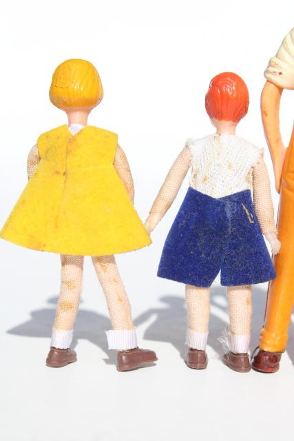 1950s vintage hard plastic dolls, doll house miniature people, farm family & children