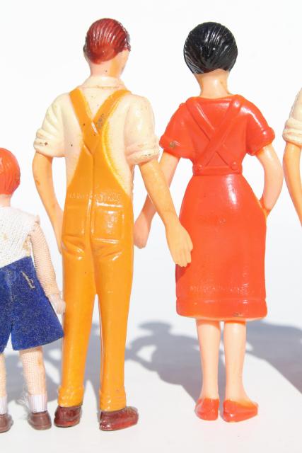 1950s vintage hard plastic dolls, doll house miniature people, farm family & children