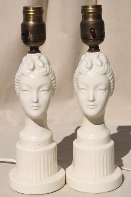 1950s vintage lady head lamps, pure white china bust beautiful geisha girls