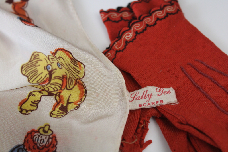 1950s vintage little girl Sally Gee rayon silk scarf w/ circus animals print, red cotton gloves