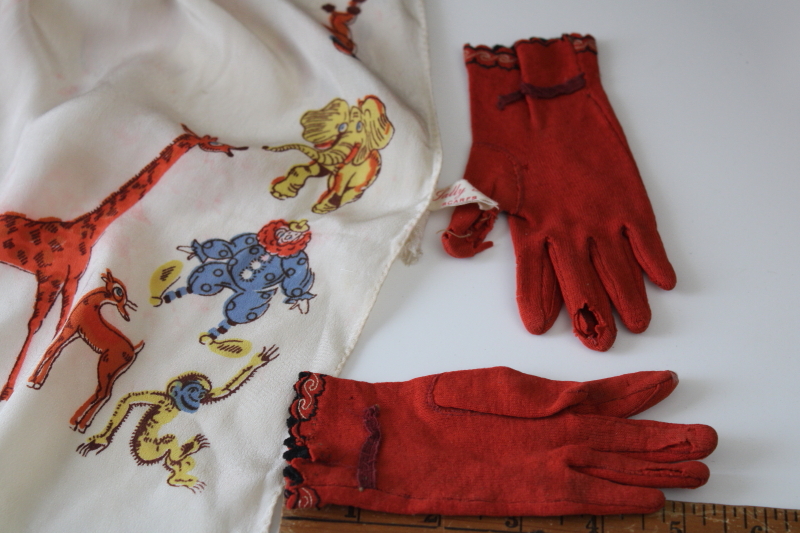 1950s vintage little girl Sally Gee rayon silk scarf w/ circus animals print, red cotton gloves