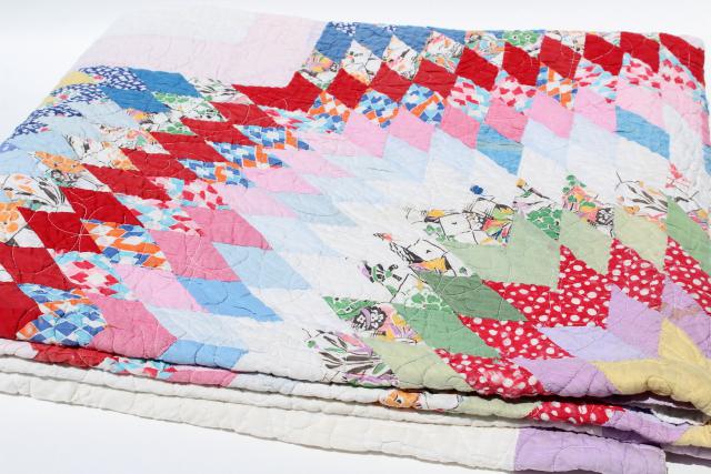 1950s vintage lone star patchwork quilt, cotton print fabrics hand pieced machine quilted