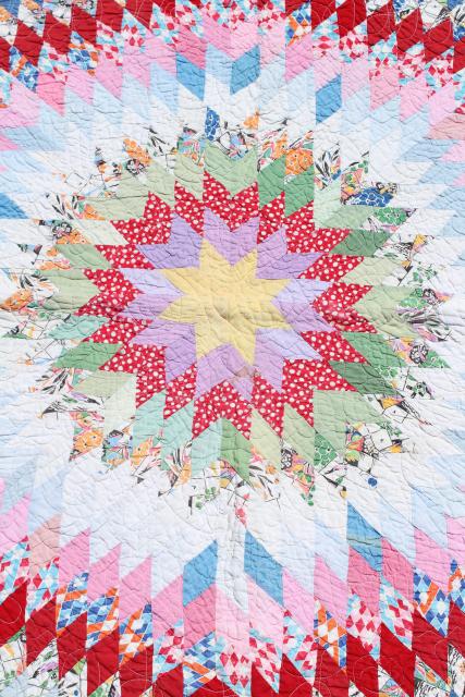 1950s vintage lone star patchwork quilt, cotton print fabrics hand pieced machine quilted