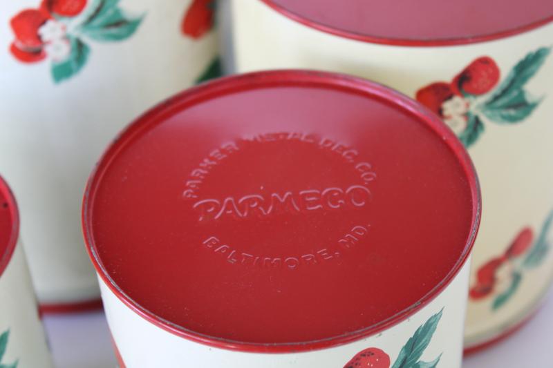 1950s vintage metal kitchen canisters, nesting tins set w/ strawberry print