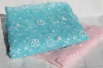 1950s vintage nylon fabric w/ embroidered flowers, pink & blue organza