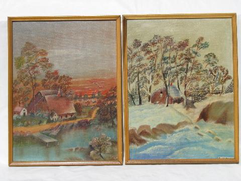1950s vintage oil on board primitive folk paintings, rural landscapes