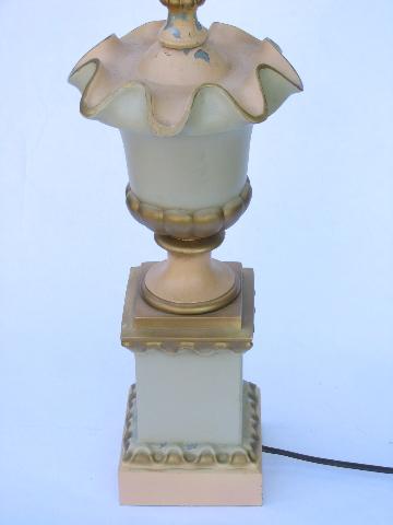1950s vintage ornate metal lamp, milk glass reflector torchiere shade